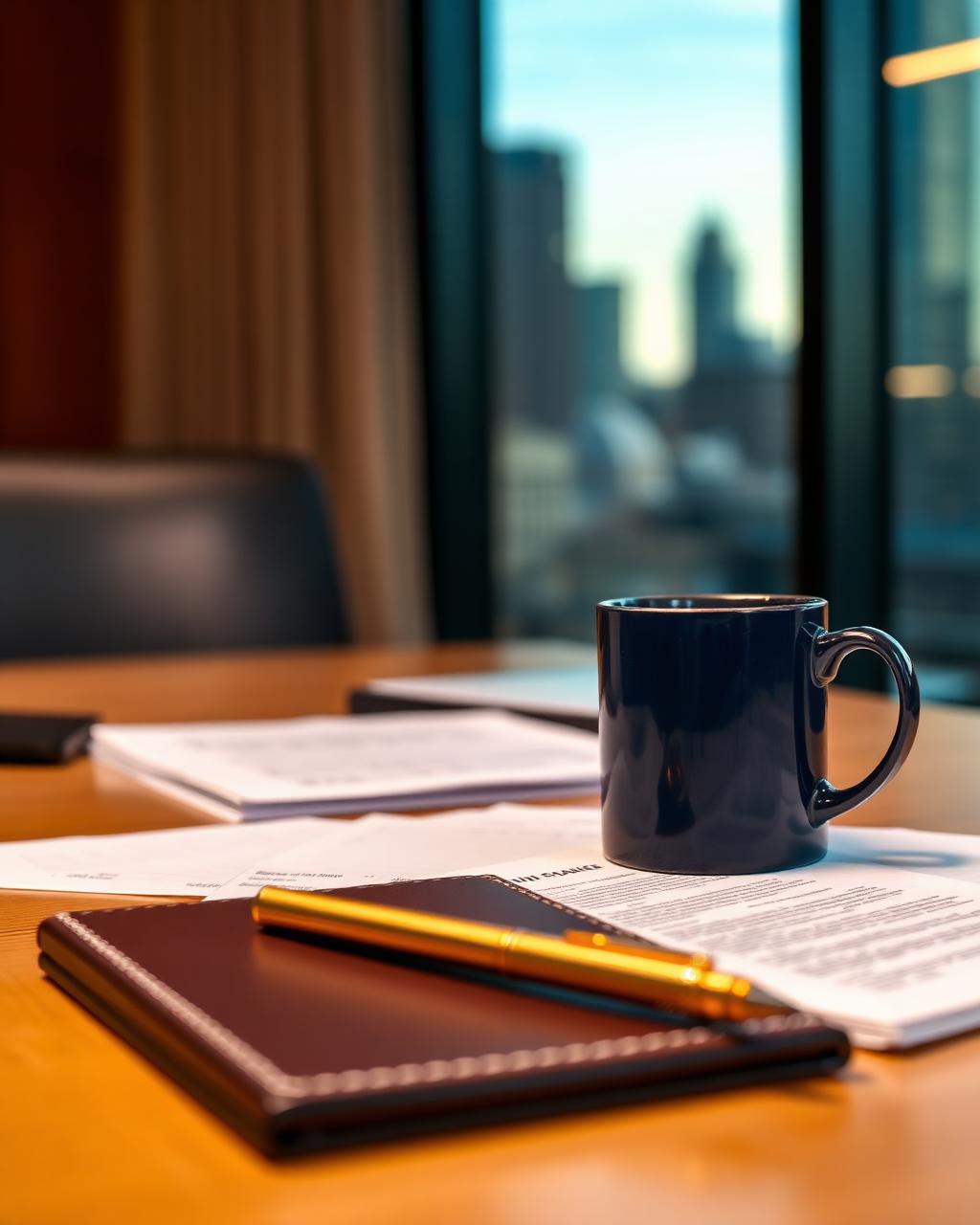 Senior executive desk with a navy JLC mug and business operations report