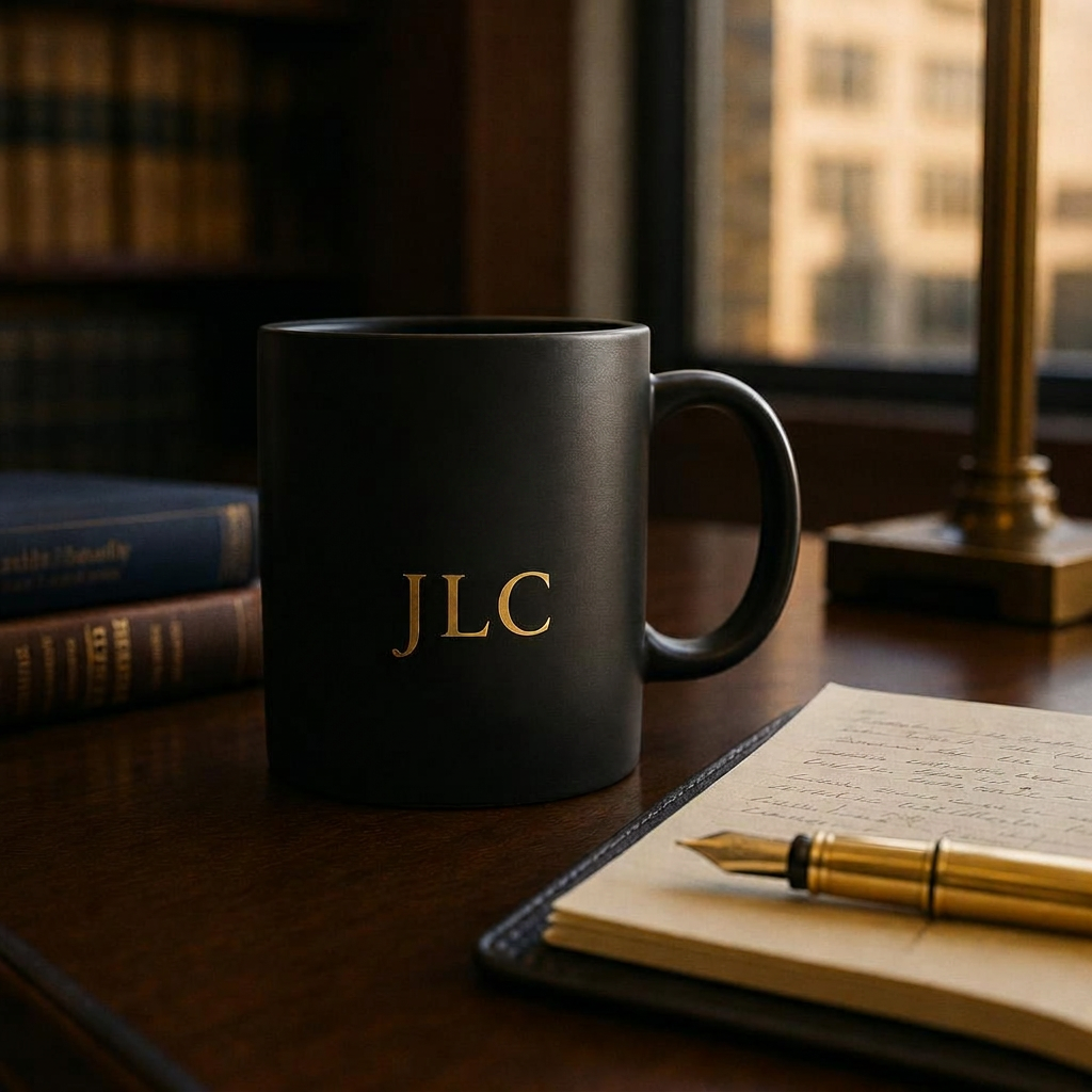Navy JLC mug beside a business operations report