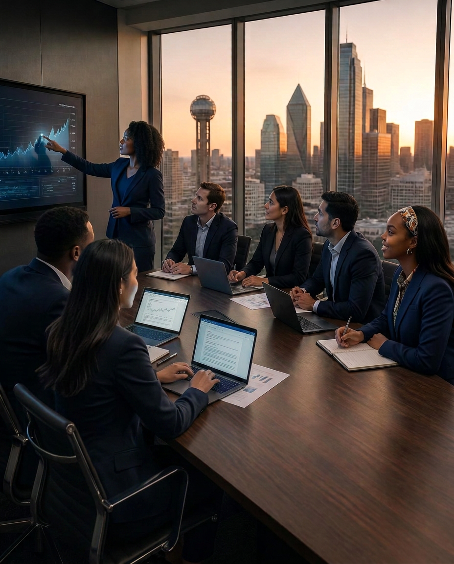 Diverse executive team in a modern Dallas boardroom meeting at golden hour