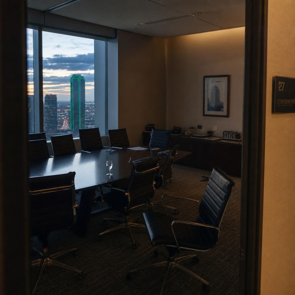 Empty Dallas high-rise conference room at dusk, chairs left mid-meeting