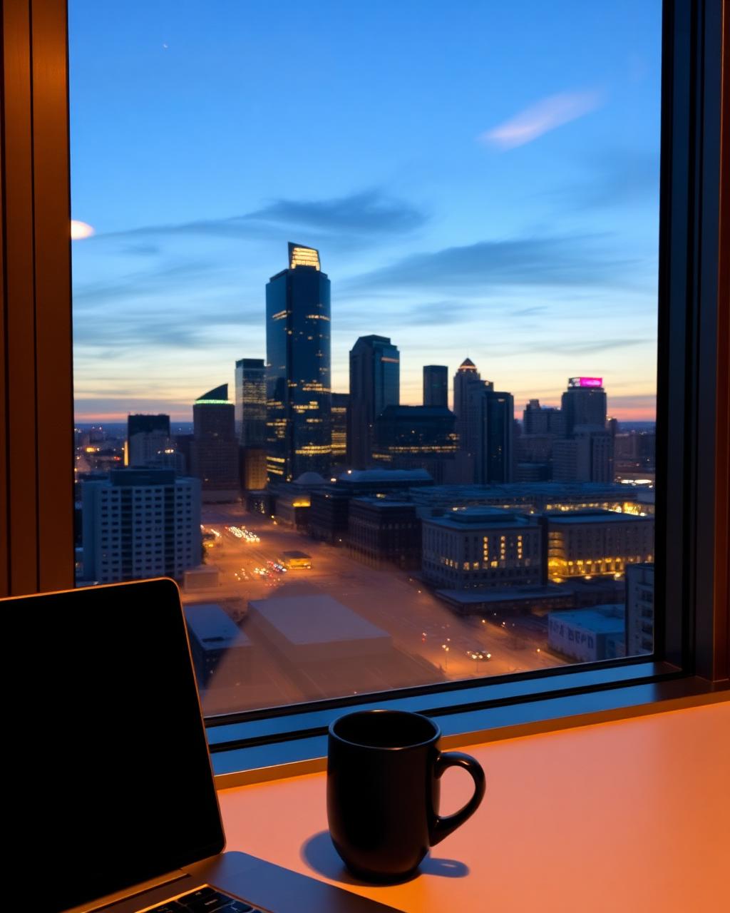 Dallas skyline at dusk seen through an office window