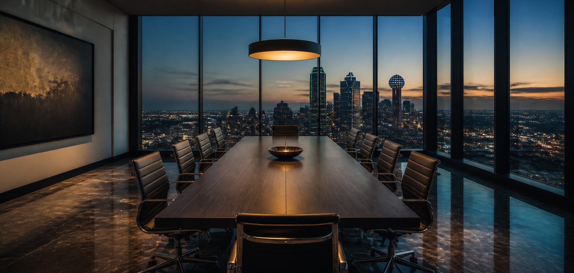 Empty executive boardroom overlooking the Dallas skyline