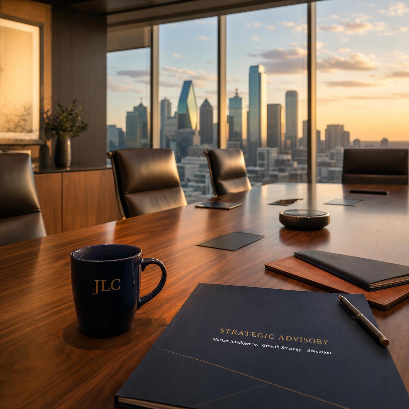 Executive boardroom with a navy JLC mug and Dallas skyline at golden hour