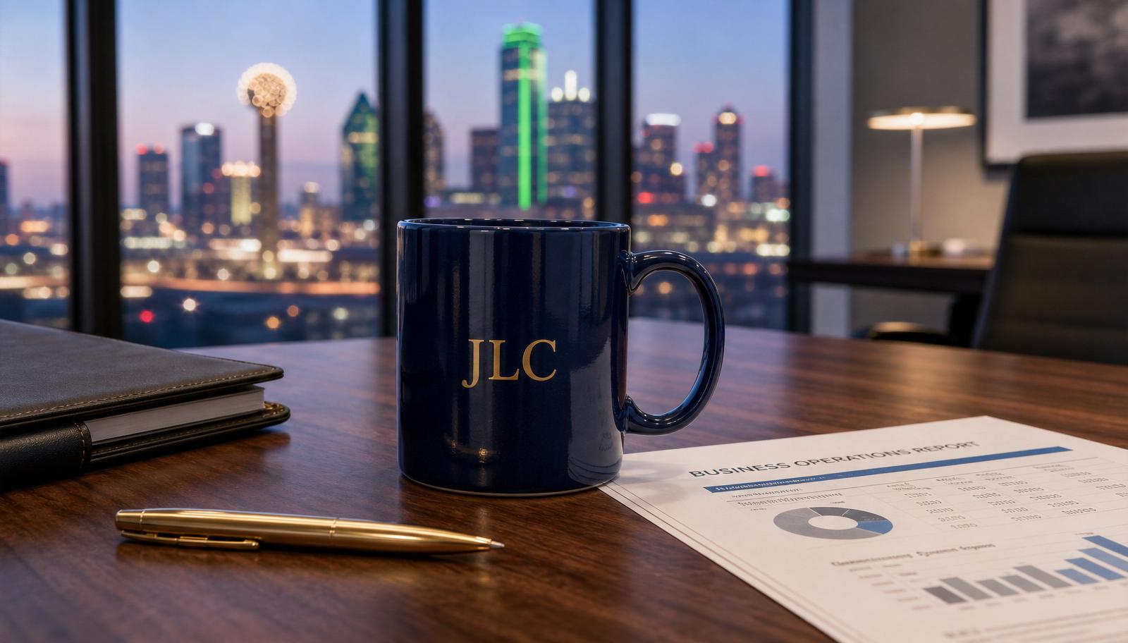 Executive desk with a navy JLC branded mug and business operations report